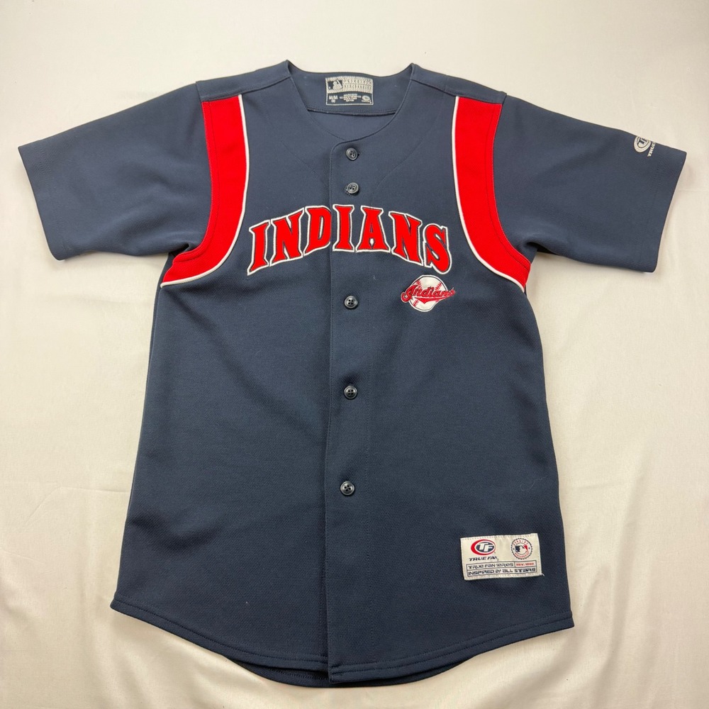 True Fan Baseball Jersey Kids Size 8 Blue Cleveland Indians MLB Button Front